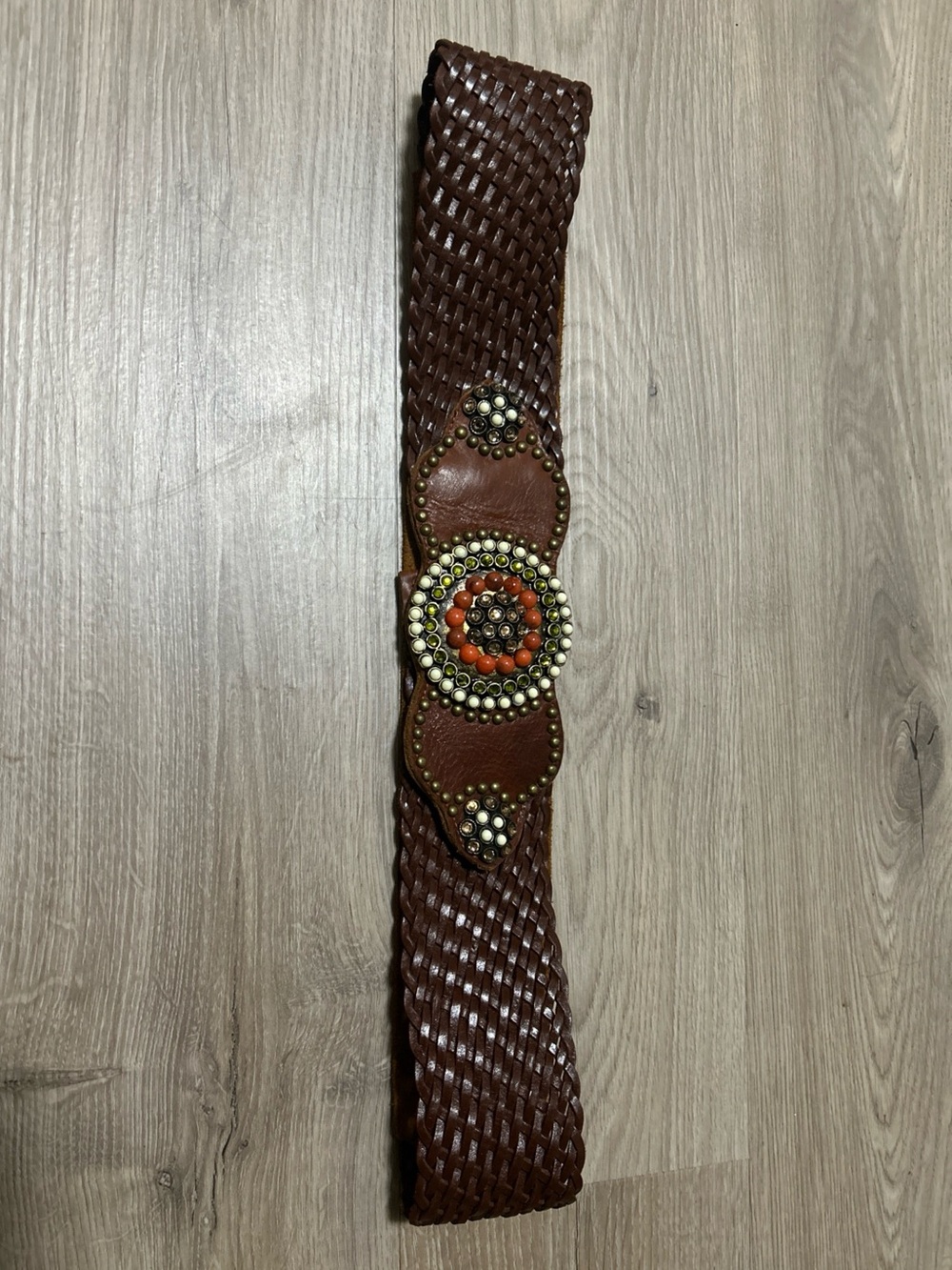 Leatherock Braided Brown Leather Waist Belt with jeweled buckle boho style